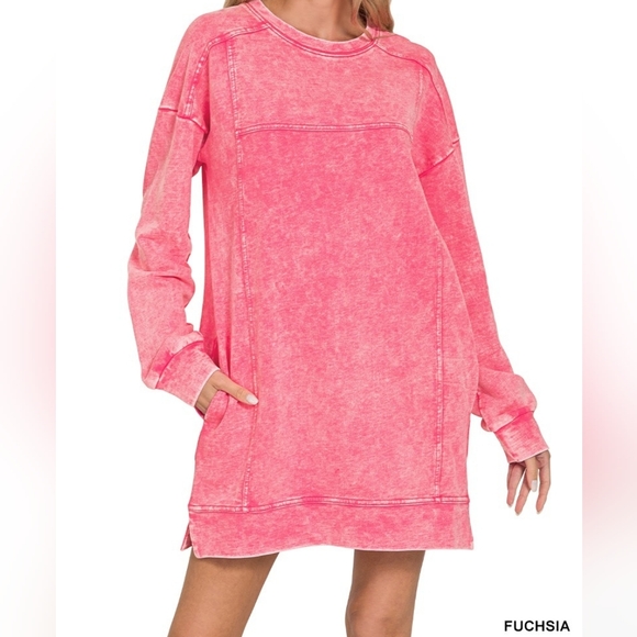 Zenana French Terry Acid Washed Pink Sweatshirt Dress with Pockets - Picture 2 of 4